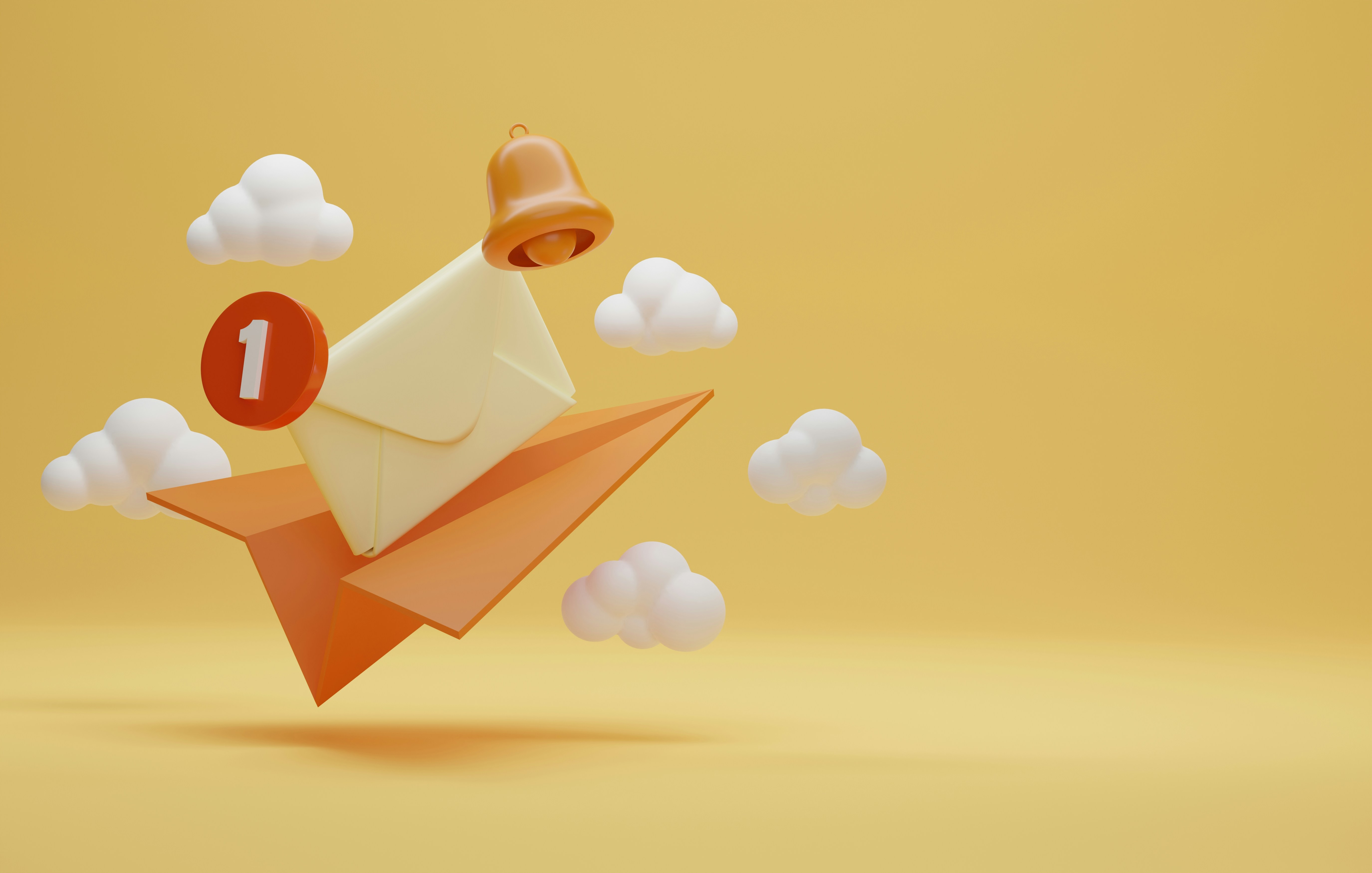 Yellow background. To the left of the image is an image of an orange paper aeroplane, with a light coloured envelope in the middle of the paper plane. 5 white clouds surround the paper plane, and a number 1 symbol and an alarm bell symbol are on either side of the envelope.