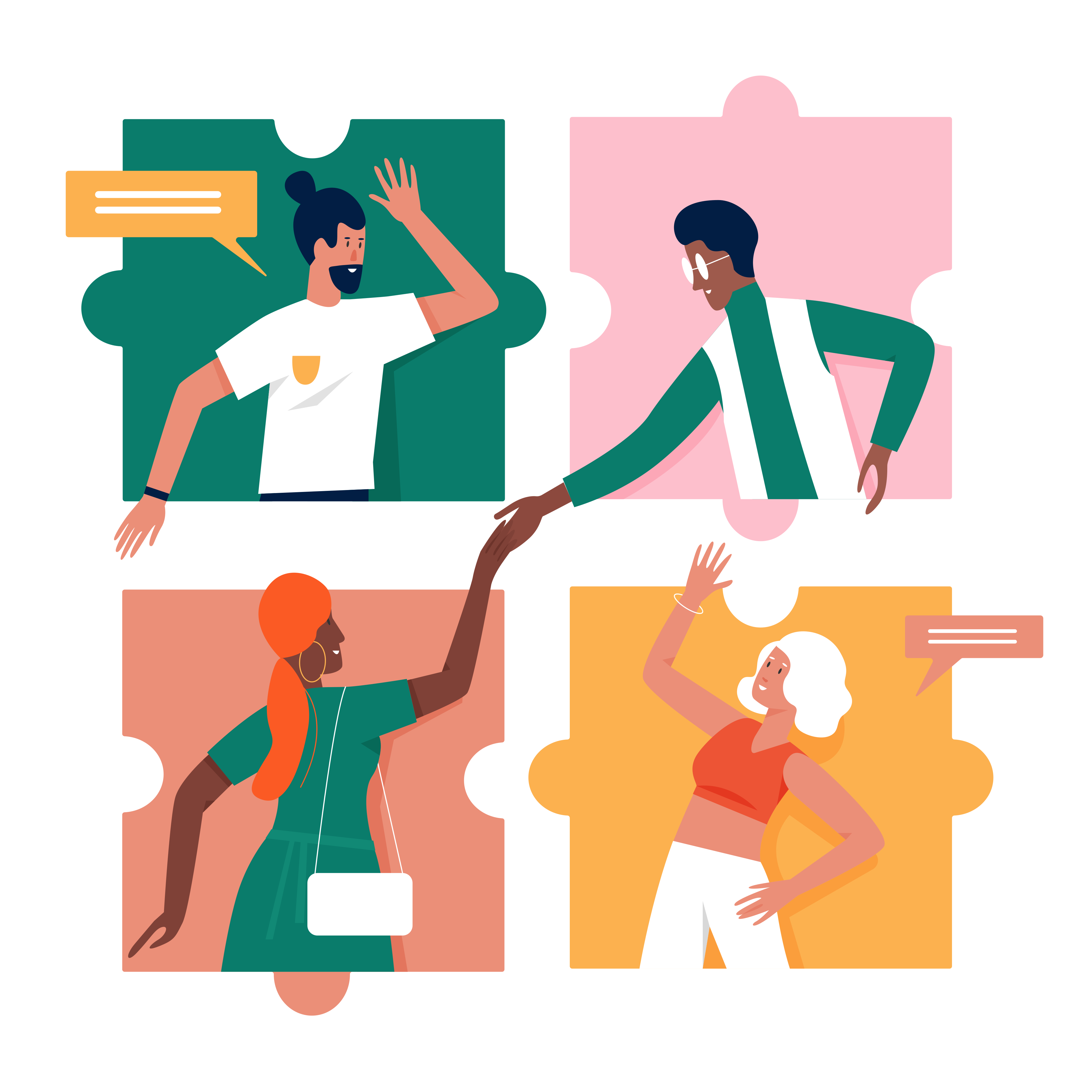 Cartoon graphic - four large jigsaw pieces as the main background. Clockwise from the top left - green piece, light pink piece, yellow piece, and coral piece. Each jigsaw piece has a person on it. All the people are interacting with each other