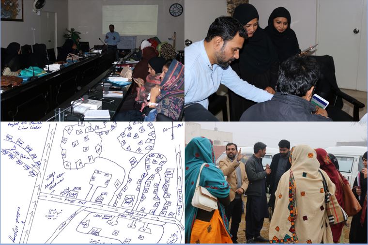 A collage of 4 images. Clockwise from top-left - a group of people sitting in two lines in a room; four people seated looking at electronic tablets; a group of people stood together some with their backs to the camera, outside with white vehicles in the background; a drawing of a map of the survey area