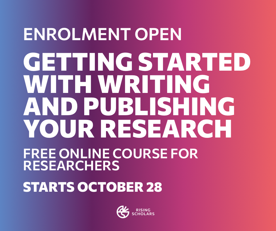 Background colours left to right - blue fades to purple to magenta to vermillion. White text in the image reads 'ENROLMENT OPEN GETTING STARTED WITH WRITING AND PUBLISHING YOUR RESEARCH FREE ONLINE COURSE FOR RESEARCHERS STARTS OCTOBER 28