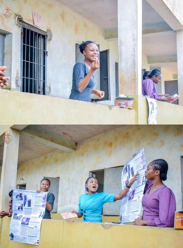 Two photos - the top photo shows a person standing out the front of a building, looking like they are speaking to an audience out of shot of the image. The second image is directly below the first, and shows a similar looking building with several people standing in front. Two people hold out large posters, whilst another person is pointing to one of them, again speaking to an audience out of shot of the image.