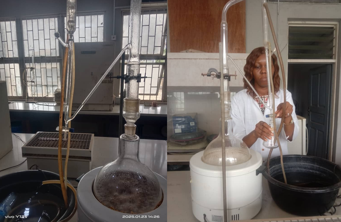 Two images side by side. The left image shows a laboratory setting, with glass tubes connecting to each other. The picture on the right shows a laboratory setting, with the same large glass tubes with piping into a black bucket. A person holds a beaker under one of the tubes.