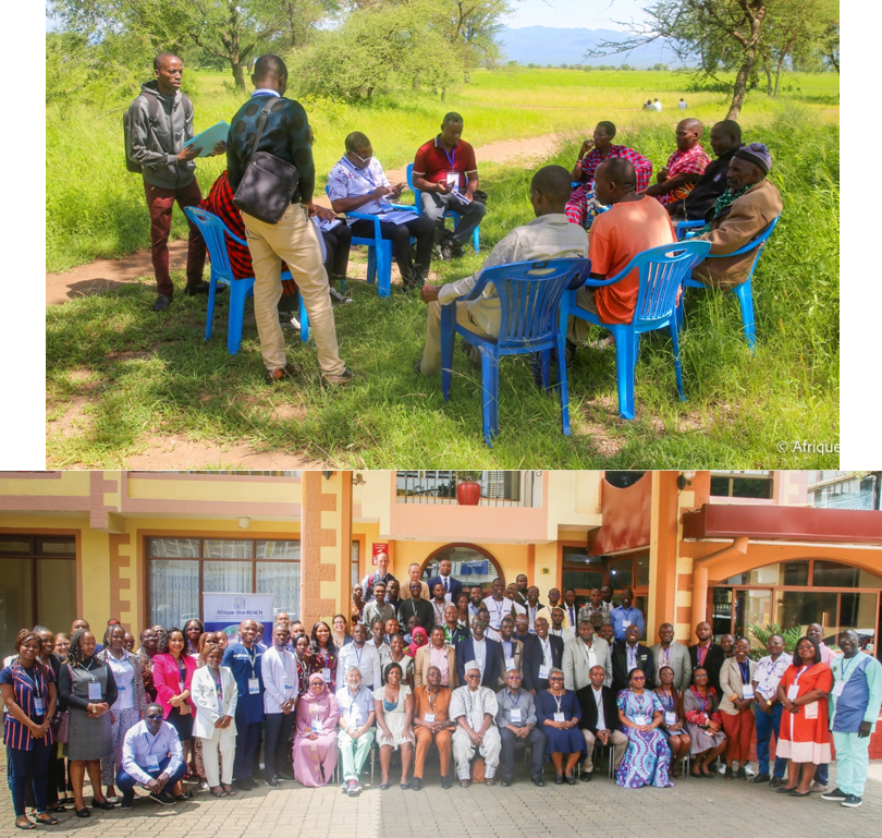 Two photos. The top image shows a group of people sitting on blue chairs in a circle. They are outside, with grass visible and trees in the background. Two people are standing up on the left. The below photo shows around 80 people assembled for a group photo outside the front of a building. 