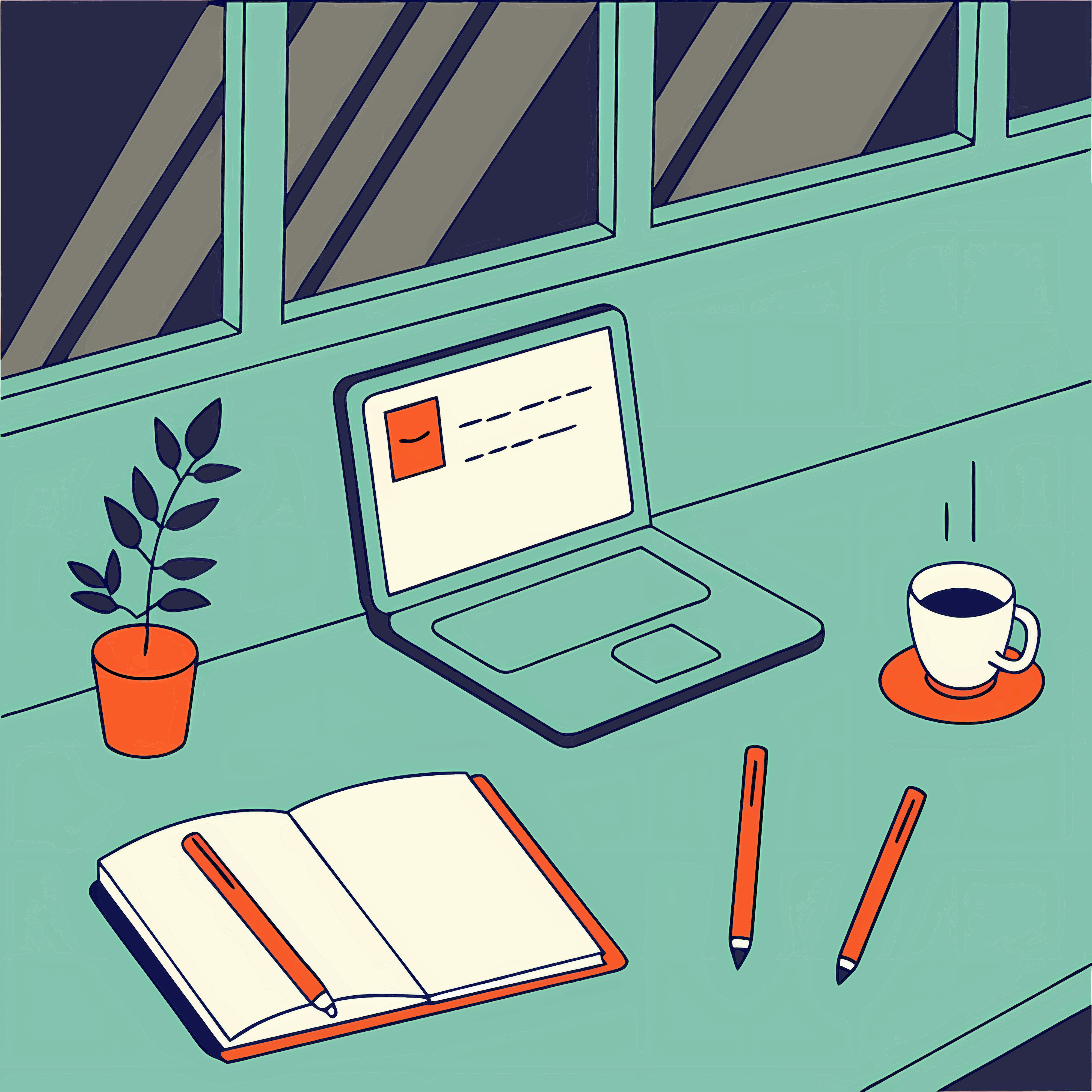 Illustration of a green workspace, with an orange plantpot, orange saucer with a white coffee cup, open notebook and orange pencils, and a green laptop.