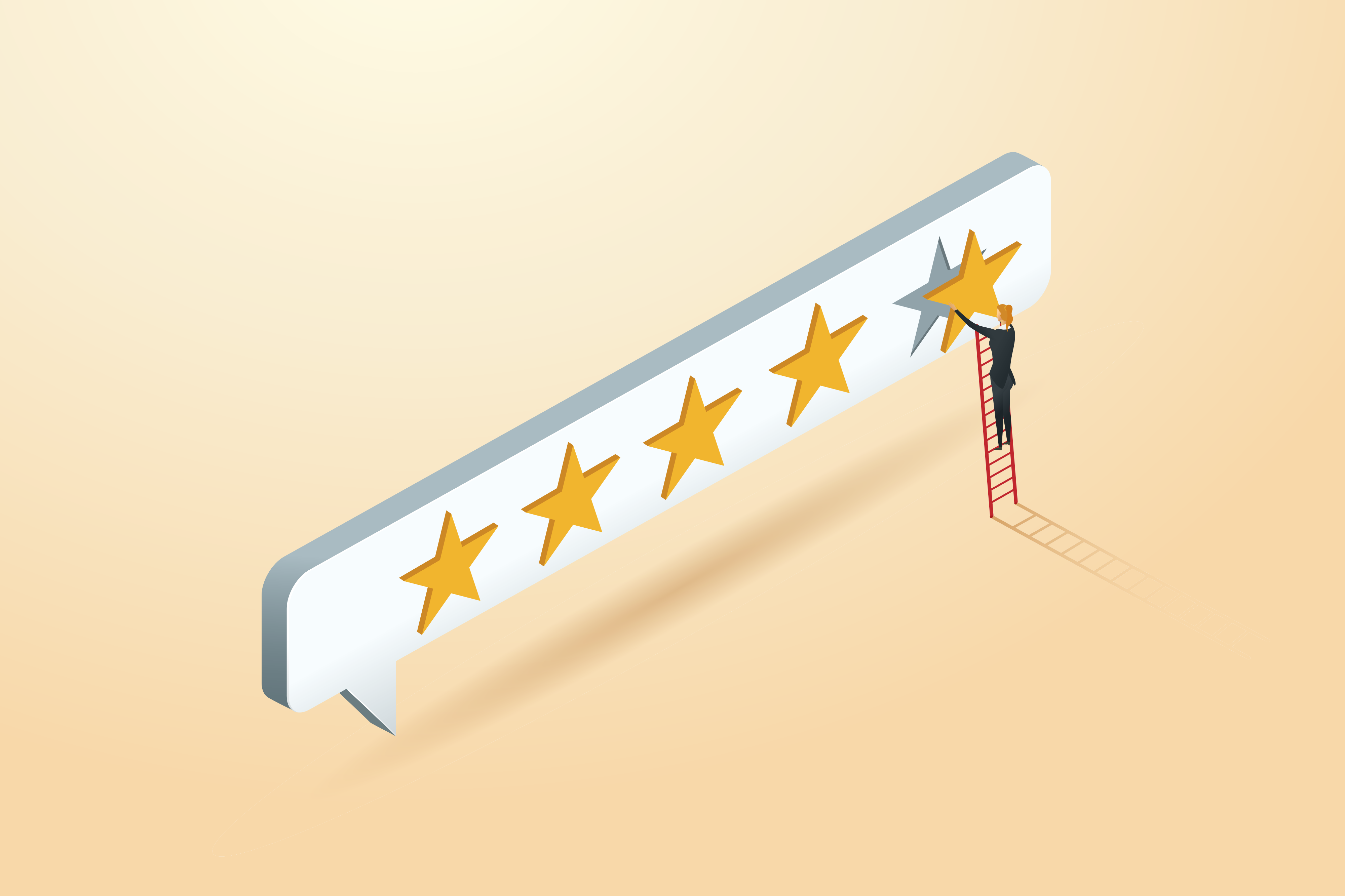 Illustration showing a floating white rectangle shape, that has 4 stars already on it. A person stands on a red ladder placing the fifth star on.