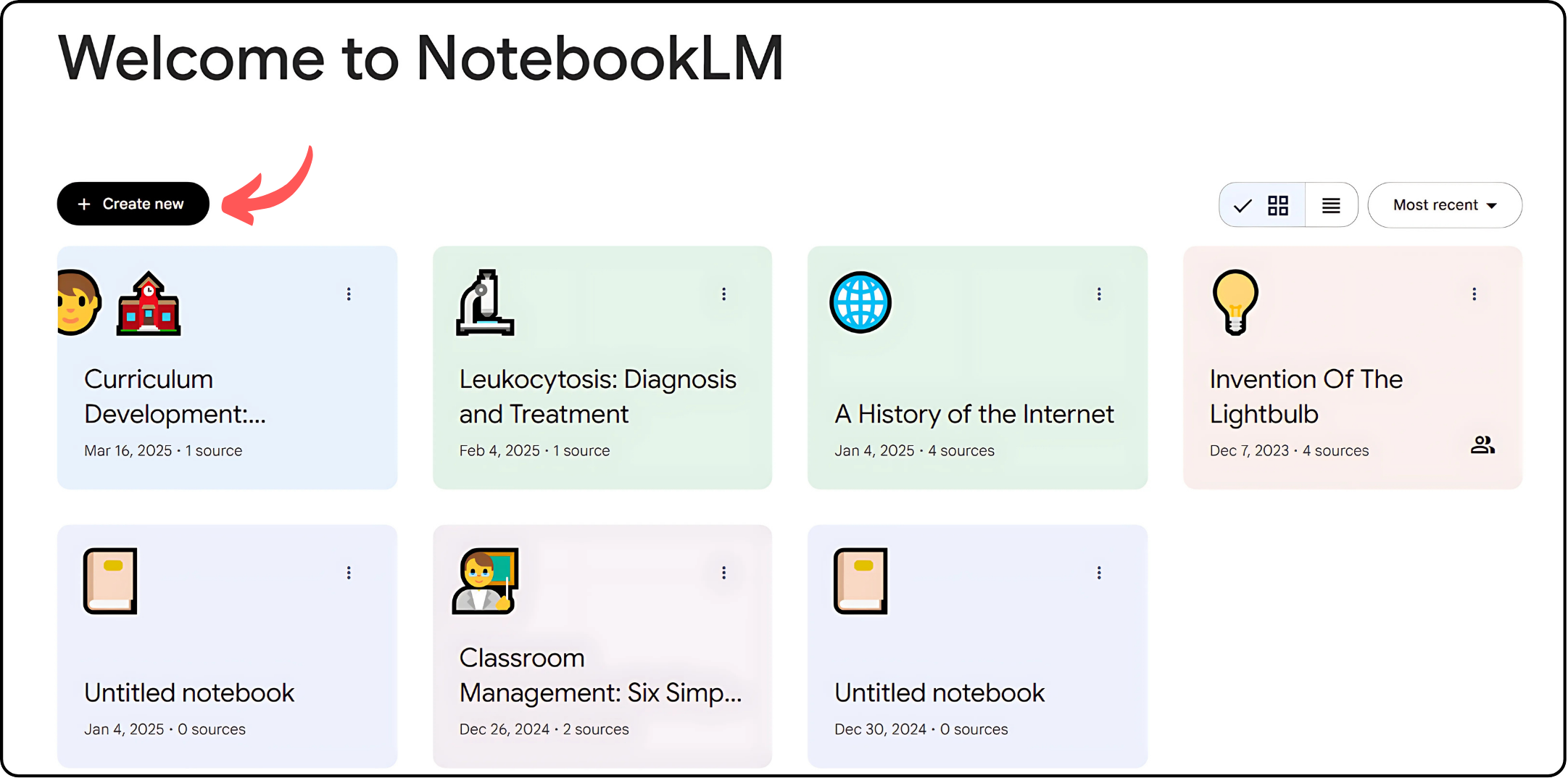 Screenshot of the homepage of Notebook LM. The page shows text in the top left saying 'Welcome to NotebookLM' and then below there is a black button saying 'Create new'. Then, below there are 7 pastel-coloured squares, which appear to be the author's different projects. 2 are labelled as 'Untitled notebook'.