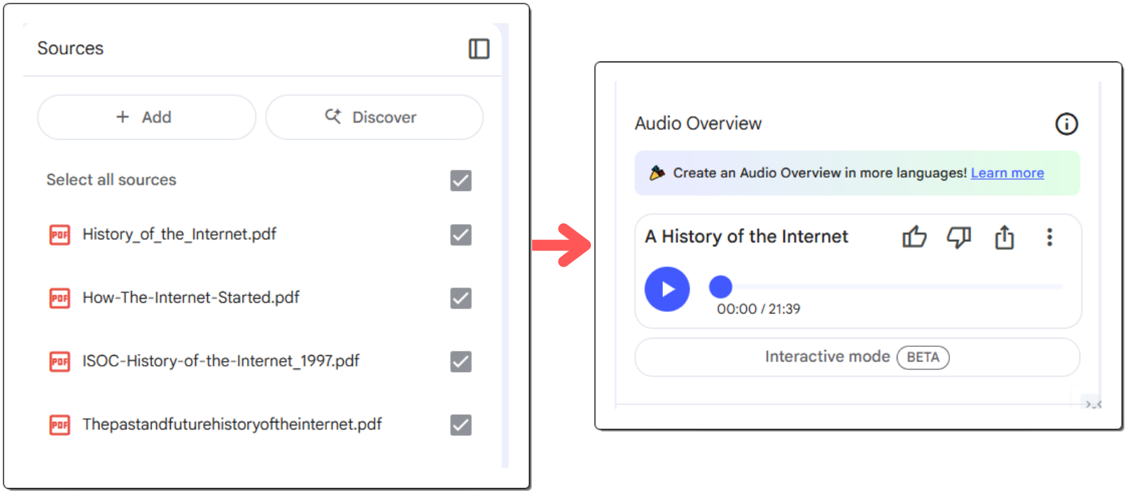 Screenshot showing a list of audio files in the 'Sources' space of NotebookLM. 