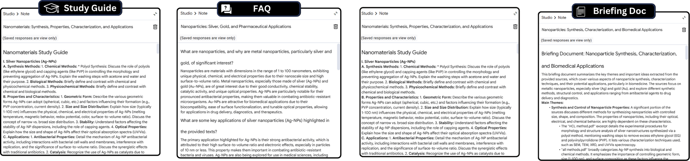 Screenshot showing some 'Notes' templates - four images, the first is text in a square called 'Study Guide', the next is text in a square called 'FAQ', the next is just text in a square with no title, and the last is a square with text called 'Briefing Doc'