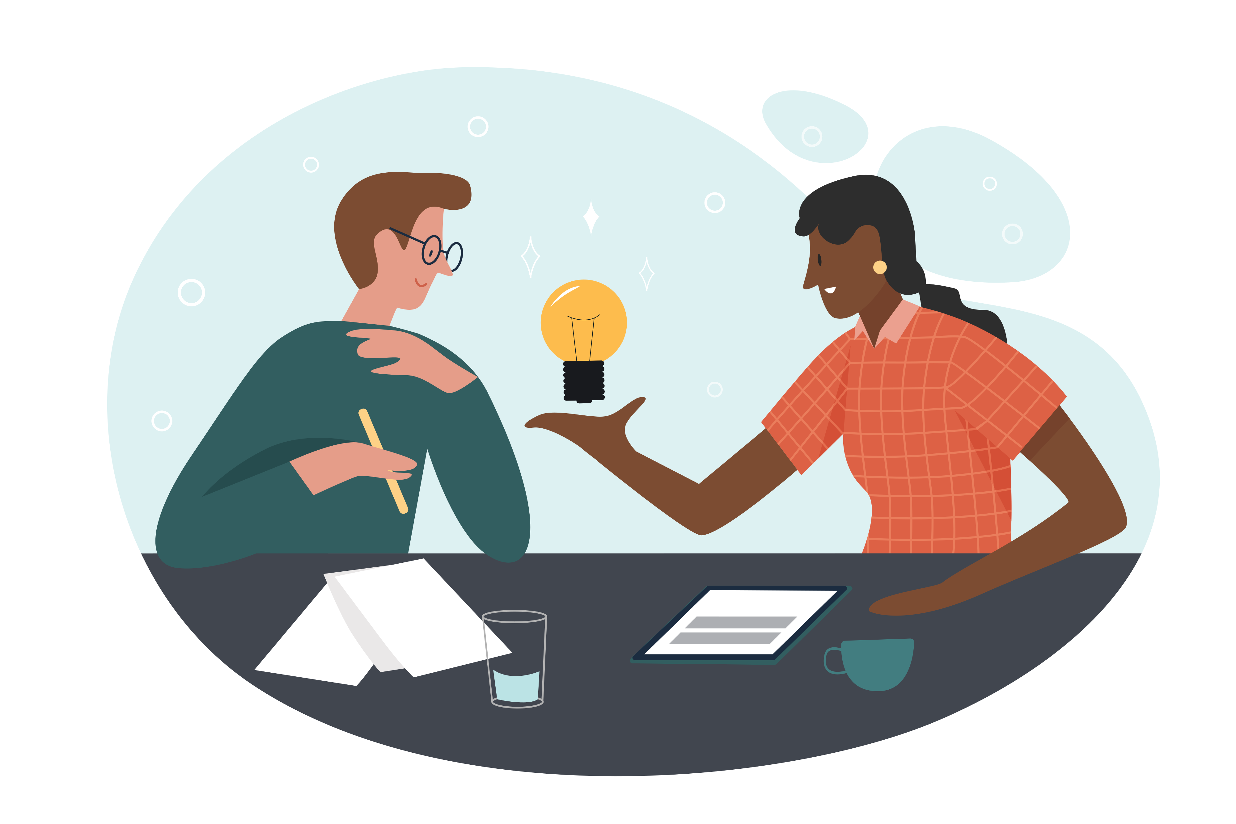 Illustration image: two people sit at a desk, facing each other. One person holds a pen with papers and a glass of water in front of them, and the other person has a floating lightbulb above the hand
