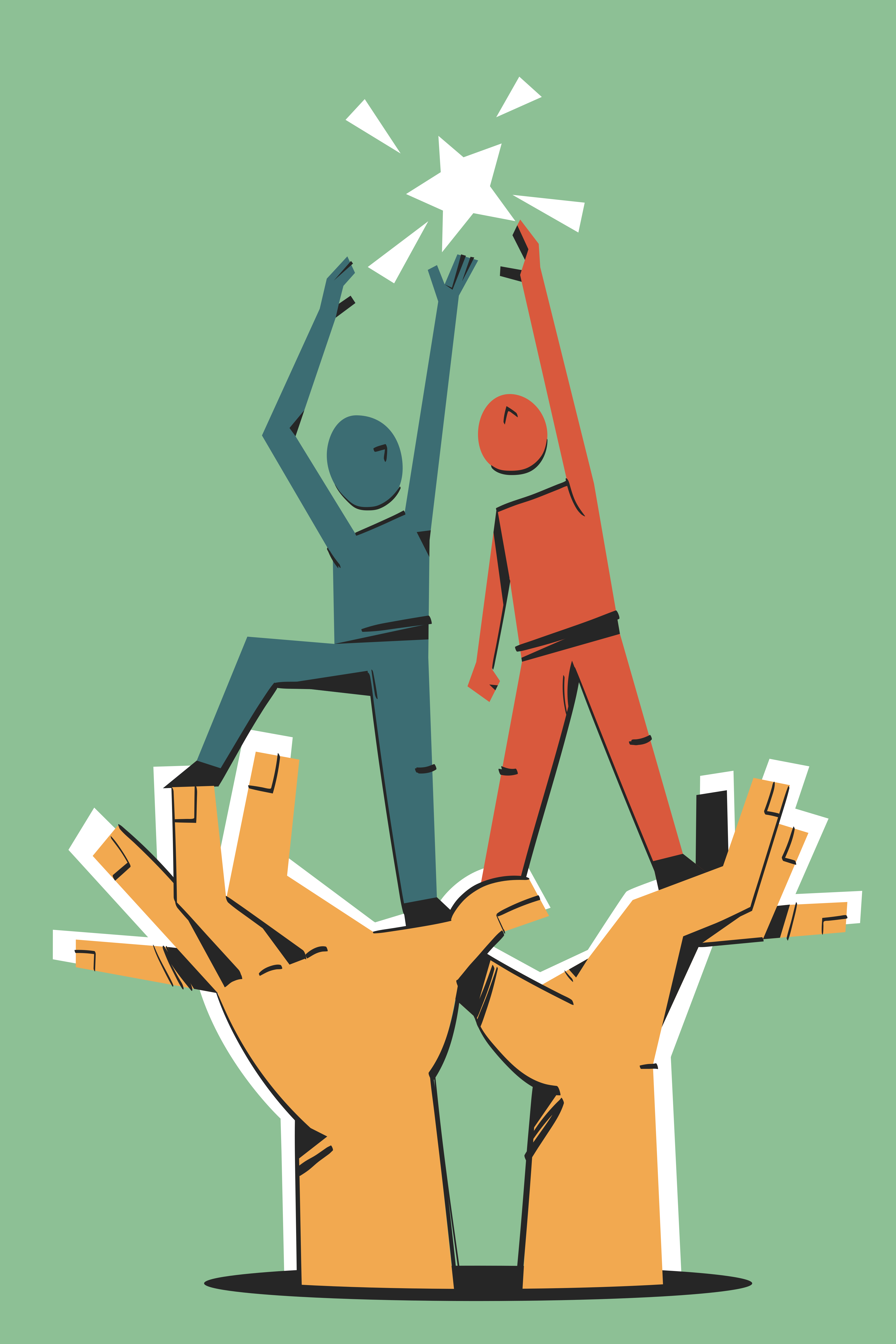 Illustration graphic: liight green background, two hands emerge upwards from the bottom of the image. Two silhouetted people stand on the hands and reach up to a star