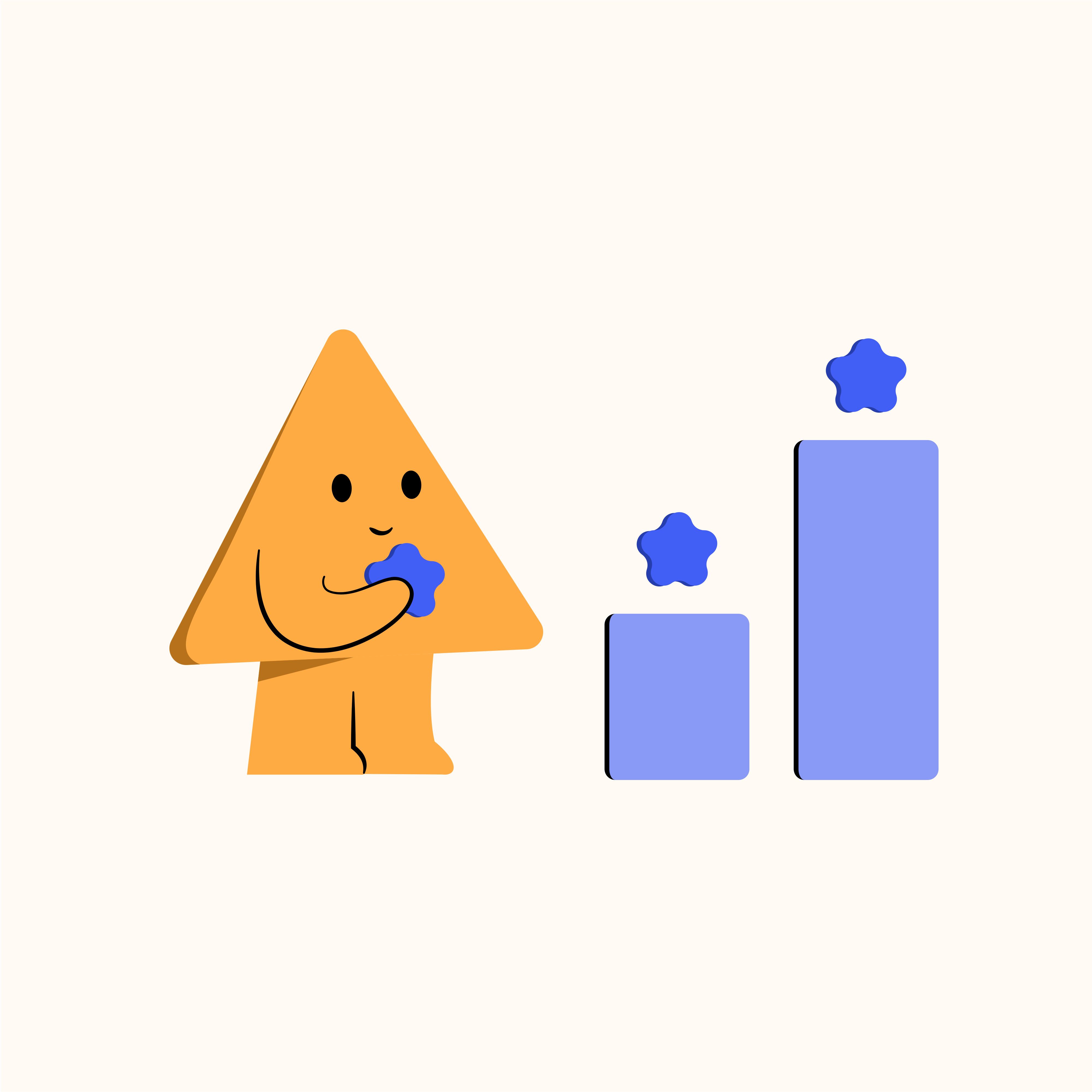 Illustration graphic: Yellow triangle with legs, arms, eyes and mouth, holds a blue 5 rounded points shape. The triangle stands in front of two blue vertical rectangles with the blue 5 rounded point shapes are