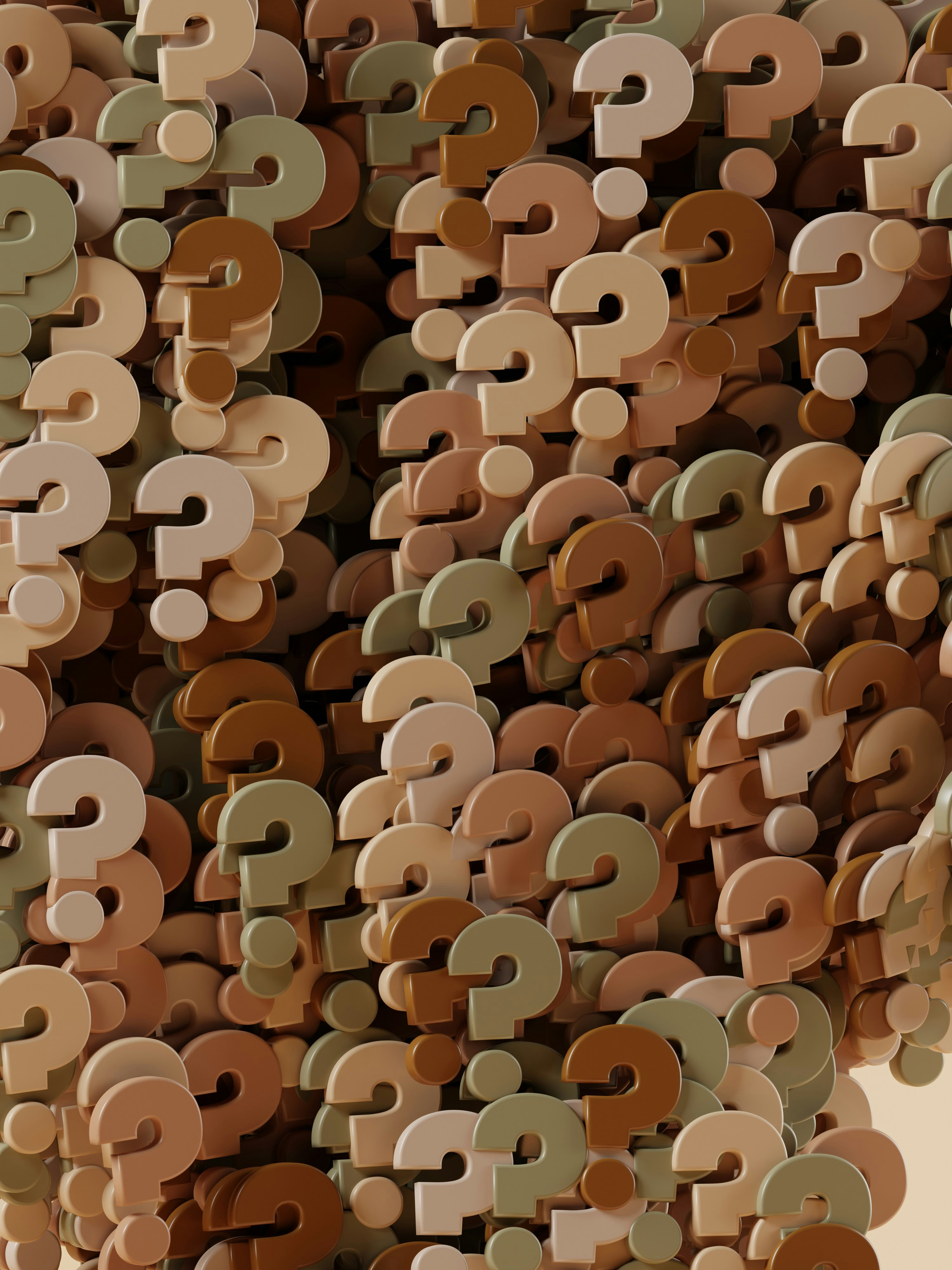 Image of hundreds of 3D question marks in different shades of brown, light green, and cream
