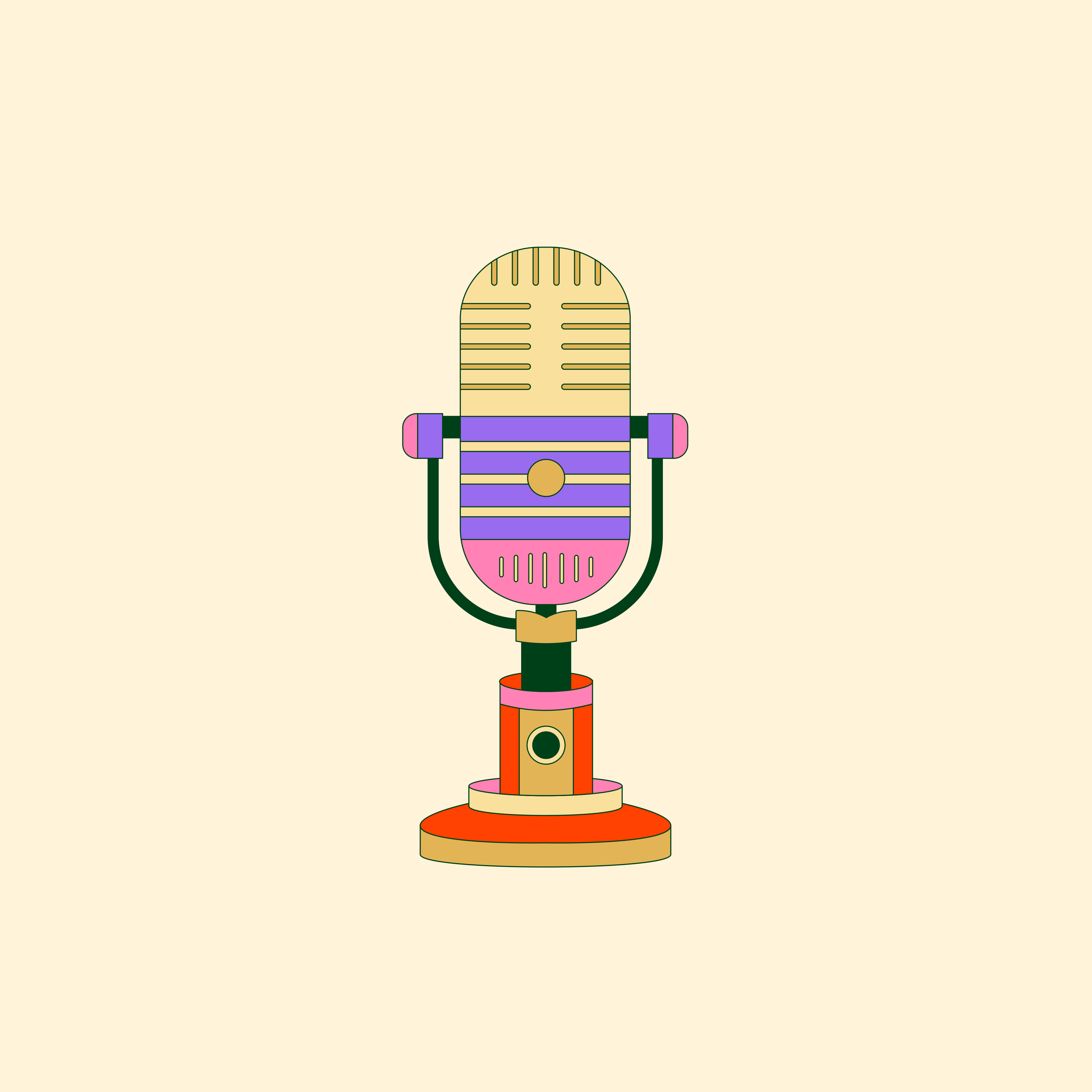 Illustration of a free-standing microphone. The microphone is coloured with pinks, purple, orange, dark green, and yellow.